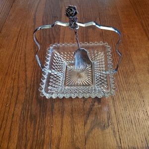 Square Glass (4")candy nut jam dish w/ carrier/handle AND antique salt spoon